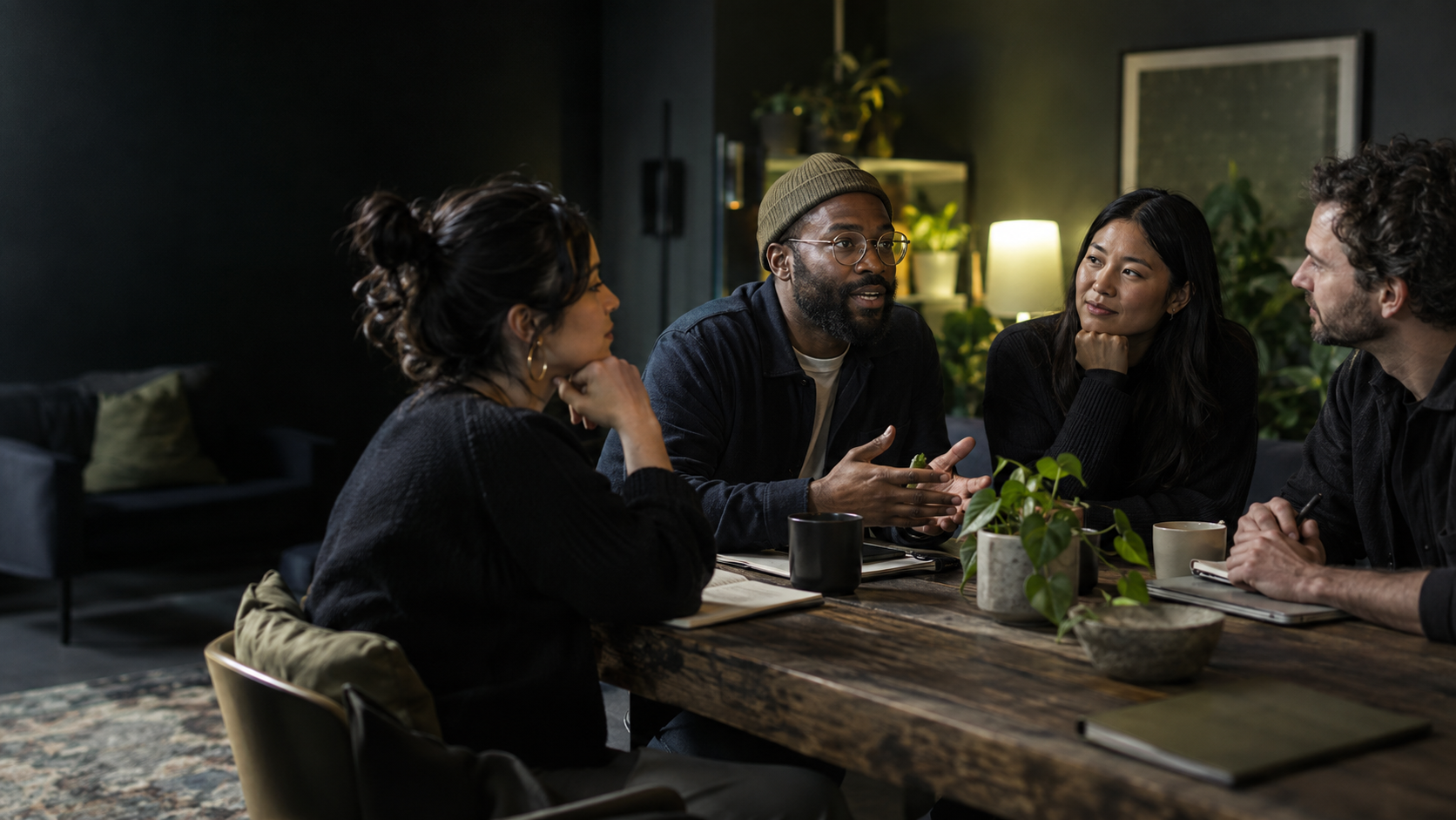 Salespeople having a thoughtful workshop conversation